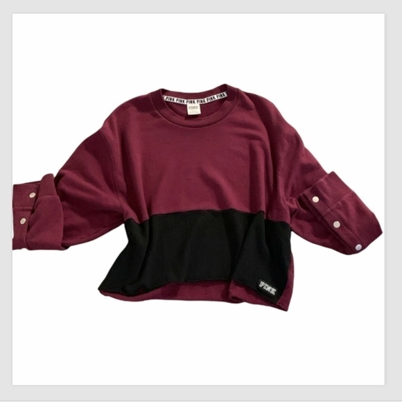VICTORIA'S SECRET PINK SNAP SLEEVE BOYFRIEND CREW Sz L MAROON & BLACK #231D - Picture 6 of 10